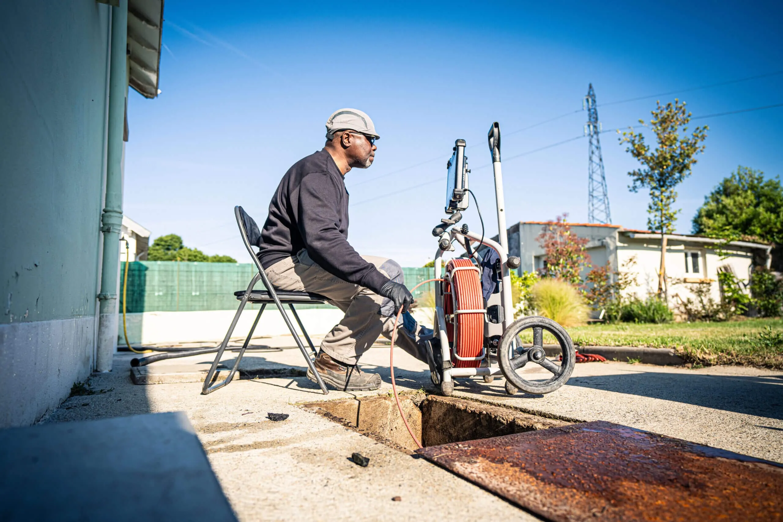 Technicien assis au bord d'une tranchée, à côté de son matériel